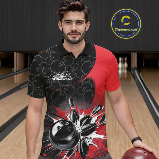 Custom Red Bowling Team Polo Shirts For Men, Bowling Pattern Bowling League Shirt IPHW9623