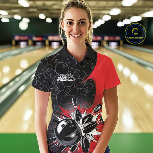 Custom Red Bowling Team Polo Shirts For Women, Bowling Pattern Bowling League Shirt IPHW9623