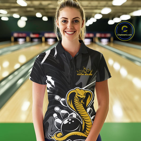 Custom Yellow Cobra Snake Bowling Team Jerseys, Bowling Polo Shirts For Women IPHW9708
