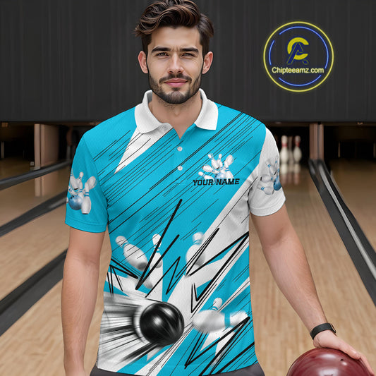 Custom White And Blue Bowling Team Men Polo Shirts, Bowling Ball And Pins Jerseys IPHW9600