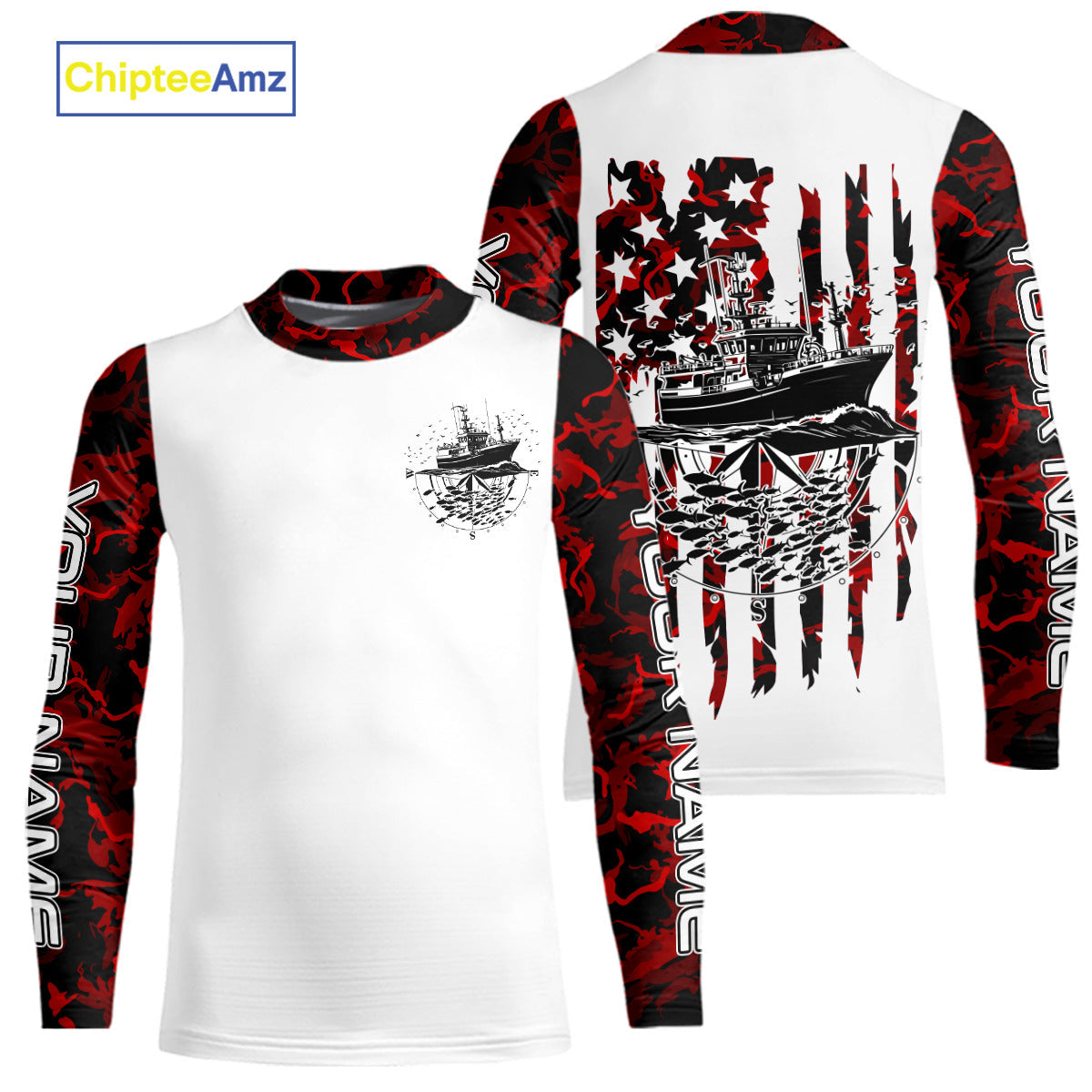 Custom Red Camo Patriotic Saltwater Kid Long Sleeve Fishing Shirts, Deepsea Fishing Shirt IPHW9166