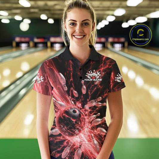 Custom Red Thunder Lightning Bowling Team Women Polo Shirts, Bowling Jerseys IPHW9743