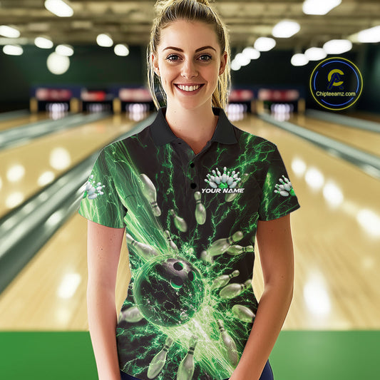 Custom Green Thunder Lightning Bowling Team Women Polo Shirts, Bowling Jerseys IPHW9746