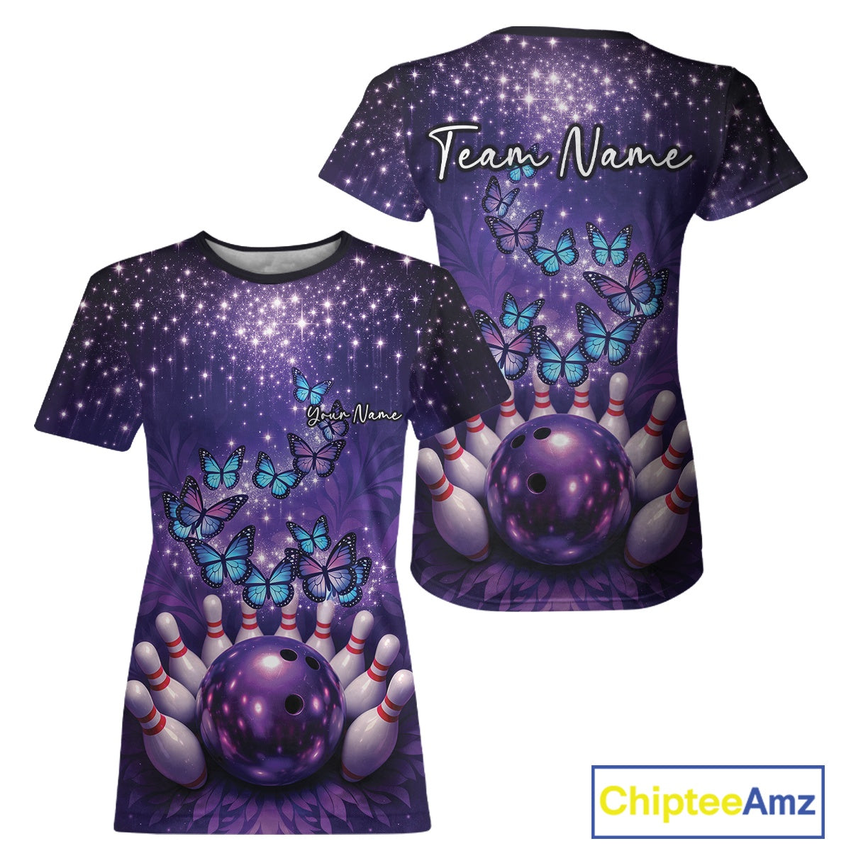 Custom Blue And Purple Buttefly Ladies Bowling Team, Women Bowler Outfits IPHW10918