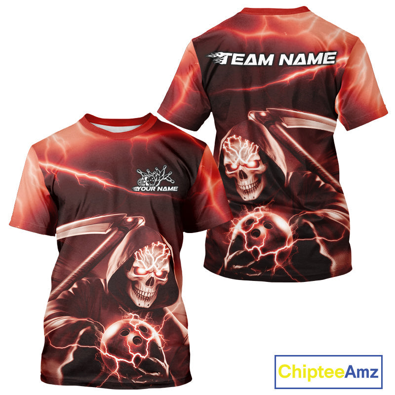 Custom Red Lightning Grim Reaper Bowling T-Shirts For Men, Halloween Bowling Jerseys IPHW9845