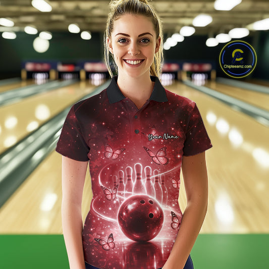 Custom Red Butterfly Women Bowling Polo Shirt, Ladies Bowling League Shirt IPHW10921