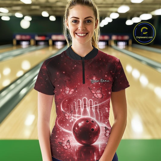 Custom Red Butterfly Women Bowling Quarter-Zip Shirt, Ladies Bowling League Shirt IPHW10921