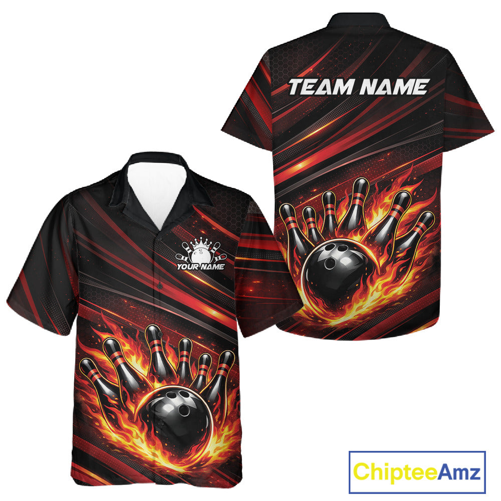 Front and back display of a black and red-orange button-up bowling shirt featuring a flaming bowling ball knocking down pins with abstract stripes.