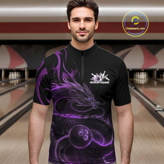 Custom Purple Tribal Flame Dragon Bowlin Team Men Quarter-Zip Shirt, Dragon Bowling Jerseys IPHW10231