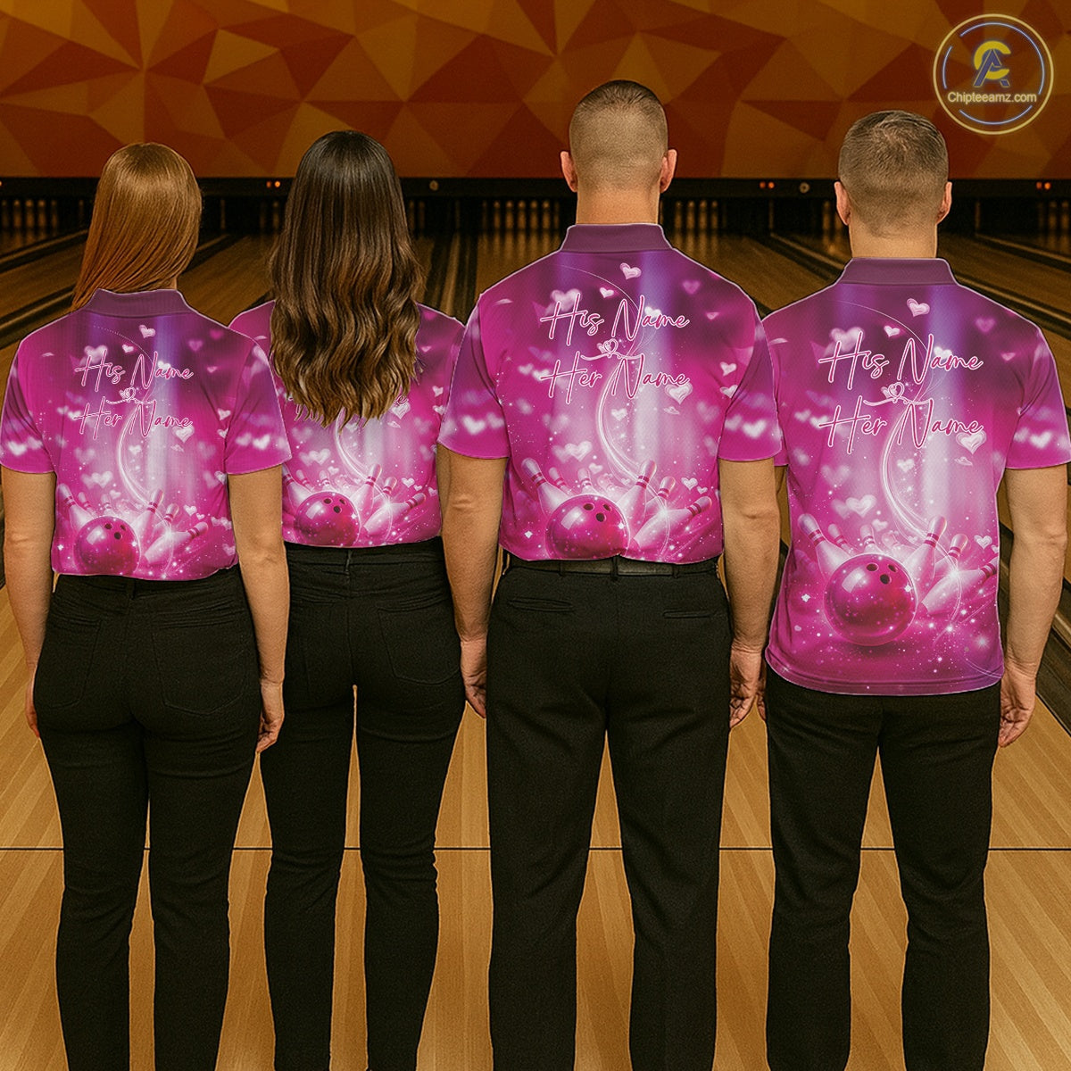 Custom Pink Valentine Bowling Couple Shirts, Pink Heart Theme Bowling Jerseys With His Name And Her Name IPHW10474
