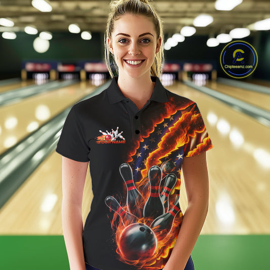 Custom Patriotic Flame Women Bowling Team Shirt, US Flag Bowling League Team Shirt IPHW10193