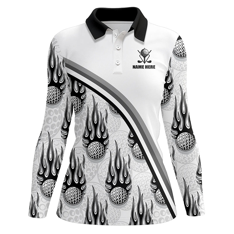 Golf balls black flame pattern Womens golf polo shirts custom golf apparel for ladies | White NQS6108