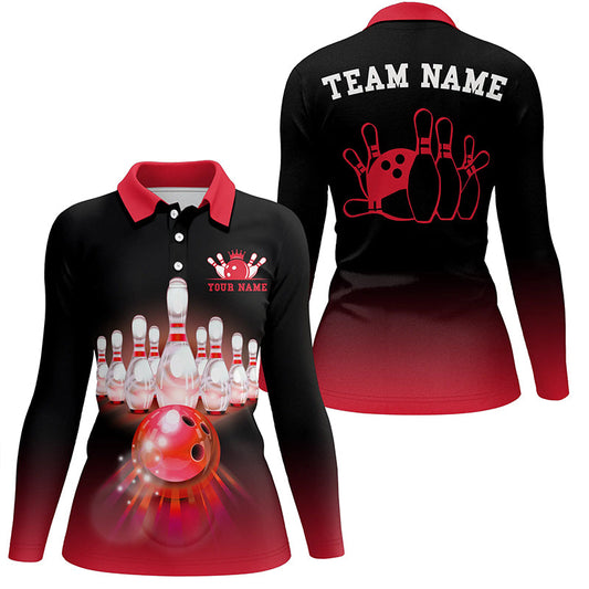 Personalized Red gradient Bowling ball and pins Team Jerseys, Womens bowling polo shirt Bowling League NQS7375