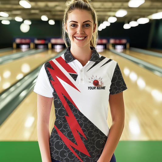 Black and White Bowling Polo, Quarter Zip Shirt for Women Custom Lightning Team bowling jerseys | Red NQS9324