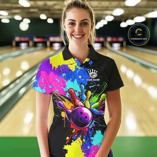 Colorful bowling jerseys Bowling Polo, 1/4 Zip Shirt for Women Custom Bowling Team shirt for bowlers NQS10240