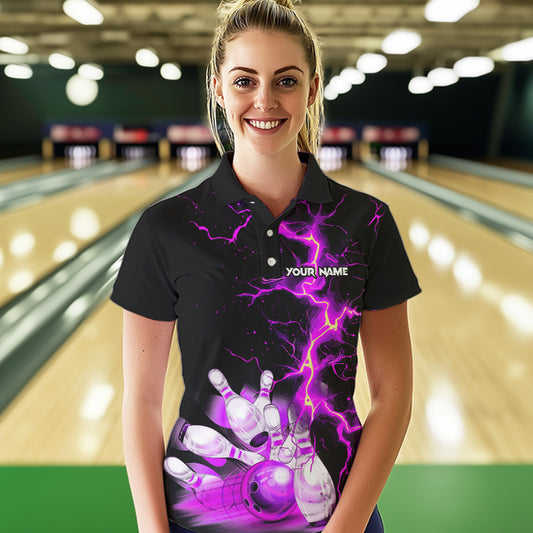 Women bowling shirts Custom purple lightning thunder Bowling Team Jersey, gift for team Bowlers NQS9493