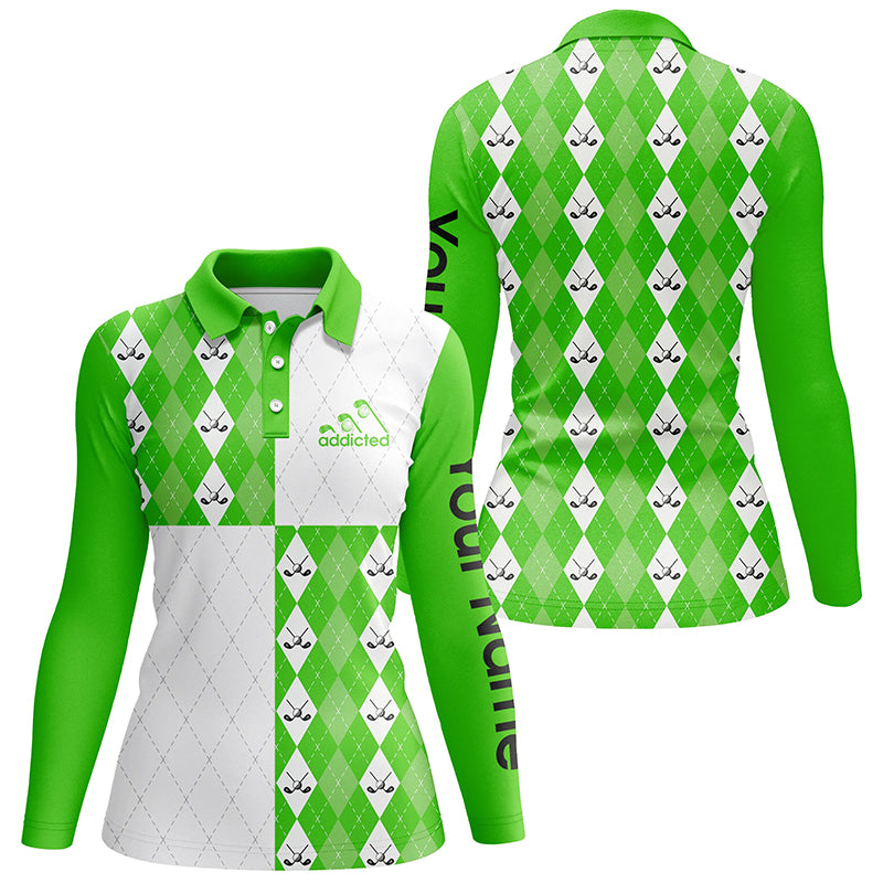 Golf addicted Womens golf polo shirts custom name green and white golf ball clubs argyle plaid pattern NQS5438
