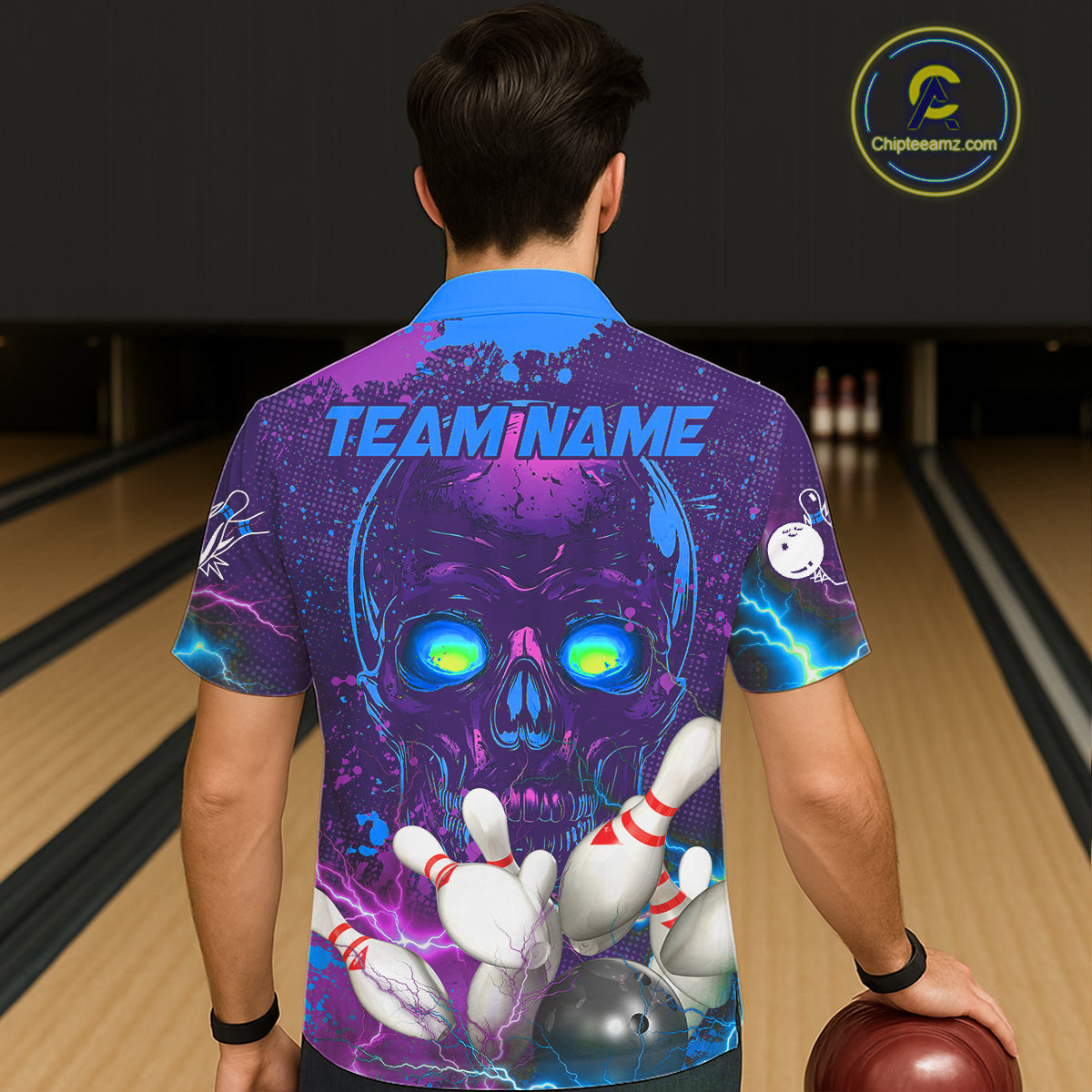 Purple and Blue Lightning Thunder Storm Skull Bowling Button-up Shirt Custom Bowling Team Jerseys NQS11729
