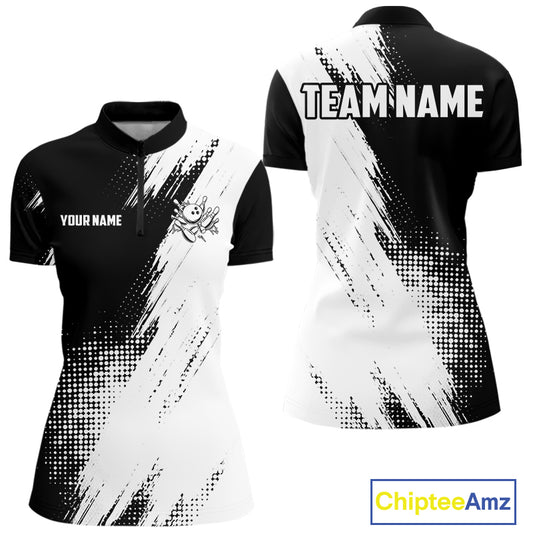 Custom Black and White Strike Bowling Shirts Women Polo, 1/4 Zip Bowling Team Jerseys Bowling League NQS11038