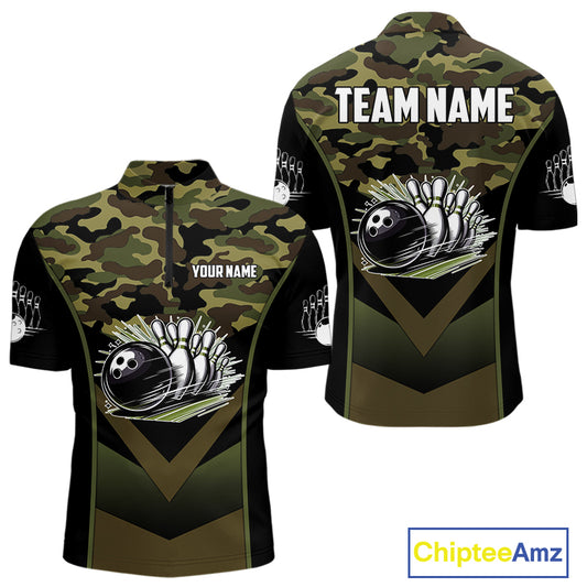 Black green camo Mens polo, quarter Zip bowling shirts Custom bowling team league jerseys NQS11050