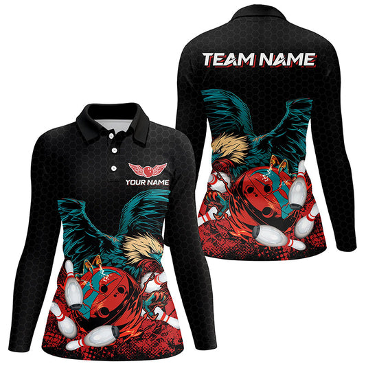 Eagle Bowling Polo, Quarter Zip Shirts For Women Custom team bowling jerseys, gift for bowlers | Black NQS8250