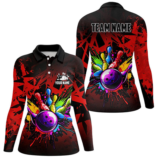 Colorful bowling jersey Polo, 1/4 Zip Shirt for Women Custom Bowling Team shirts for bowler| Red NQS8257
