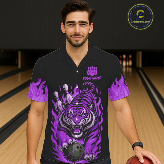 Black and Purple Flame Tiger Bowling Hawaiian Shirt Custom Team Tiger Bowling Jersey NQS11258