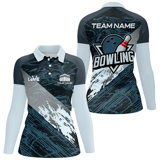 Blue camo bowling ball and pins custom Womens Bowling Polo Shirts, gift for team bowlers NQS7481