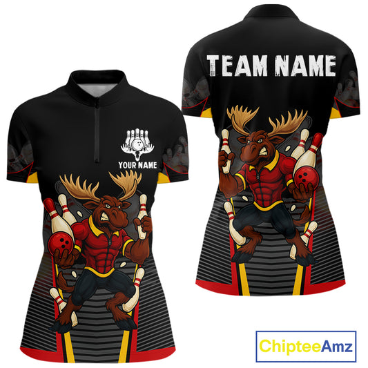Black and Red Funny Moose Bowling shirts for women Custom polo, quarter zip bowling outfits for women NQS11064