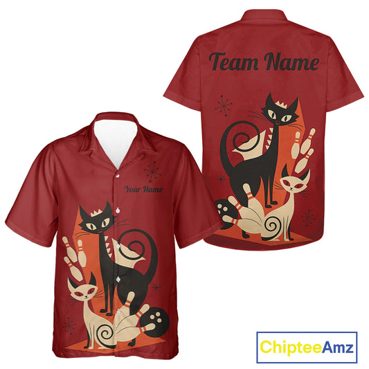 Custom retro bowling Hawaiian shirts Cat Bowling jersey Team Bowling button up Shirt | Red NQS11669