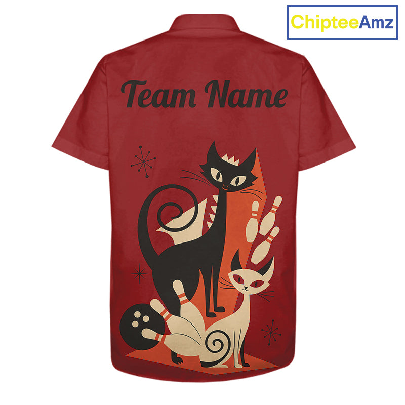Custom retro bowling Hawaiian shirts Cat Bowling jersey Team Bowling button up Shirt | Red NQS11669
