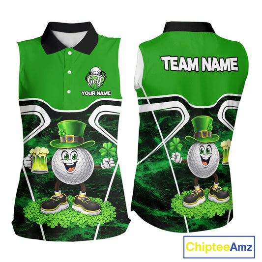 Funny Golf and Beer Green Shamrock Sleeveless Golf shirt Custom St Patrick Team Ladies Golf Jerseys NQS11673