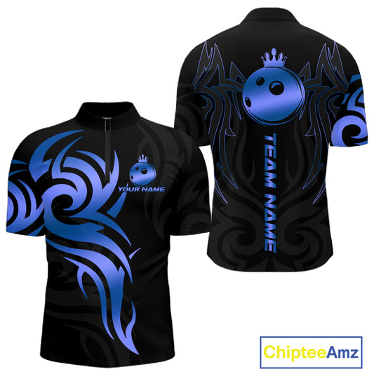 Black and Blue crown Bowling ball Polo, Quarter Zip Shirts for Men Custom Bowling Team jerseys NQS10730