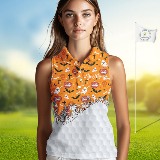 Personalized funny orange Halloween pattern Women sleeveless golf polo shirts best ladies golf wears NQS10314