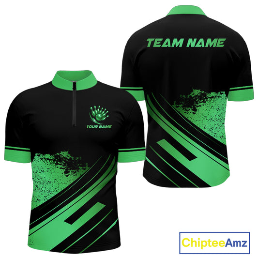 Custom Black And Green Bowling Team Polo, Quarter-Zip Shirts For Men, Personalized Bowling Jerseys NQS10540