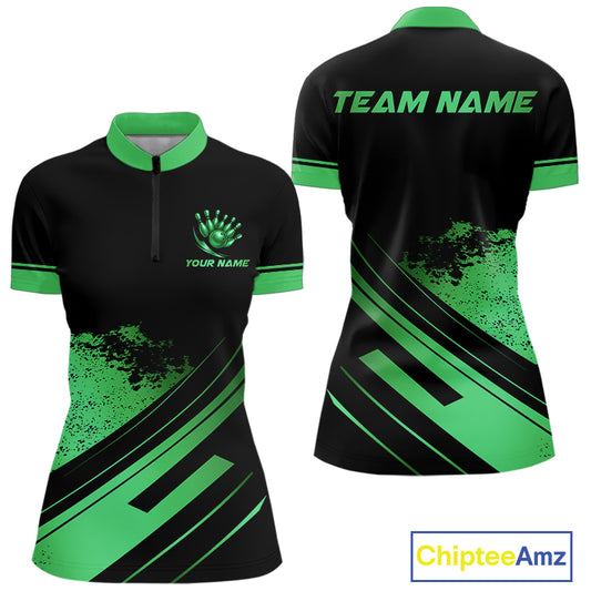 Custom Black And Green Bowling Team Polo, Quarter-Zip Shirts For Women, Personalized Bowling Jerseys NQS10540