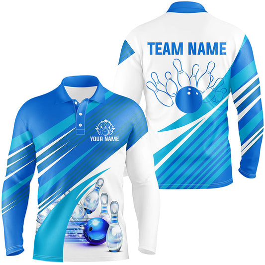 Blue and white Mens bowling shirts Custom bowling team league jerseys, gifts for mens bowlers NQS7547