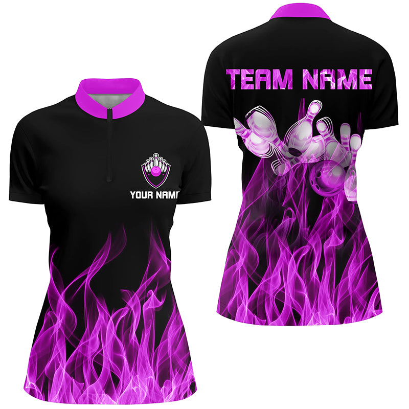 Purple flame Bowling Quarter-Zip Shirt Women black Bowling Jerseys Personalized Bowling Team Shirts NQS6035