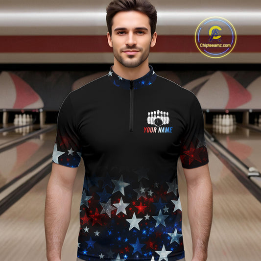 Personalized Red, White and Blue Stars Pattern Bowling Team Shirts For Men Patriotic Bowling Gifts NQS11169