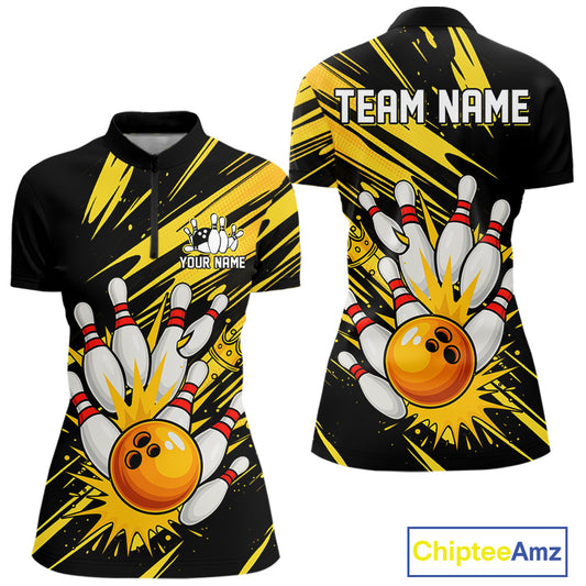 Black and Yellow Bowling Polo, 1/4 Zip Shirt for Women Custom Bowling Team shirts for bowlers NQS10365