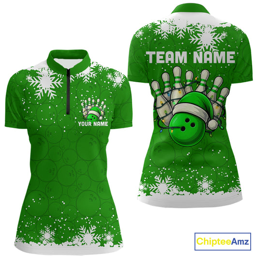 Green Christmas Bowling snowflake Women's Bowling Polo, Quarter Zip shirt Custom Xmas Bowling Outfits NQS10996