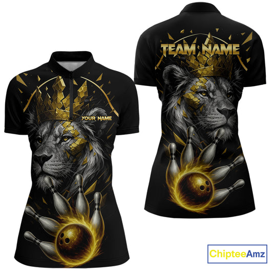 Custom Black and Gold Lion Bowling Polo, Quarter Zip shirts for Women, Lion Team Bowling Jerseys NQS10231