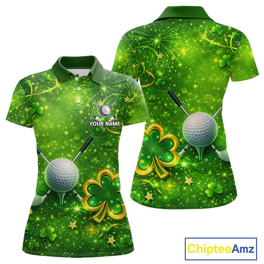 Happy St Patrick's Day Green and Gold Shamrock Womens Golf Polo Shirts Custom Golf Clothes for Ladies NQS11629