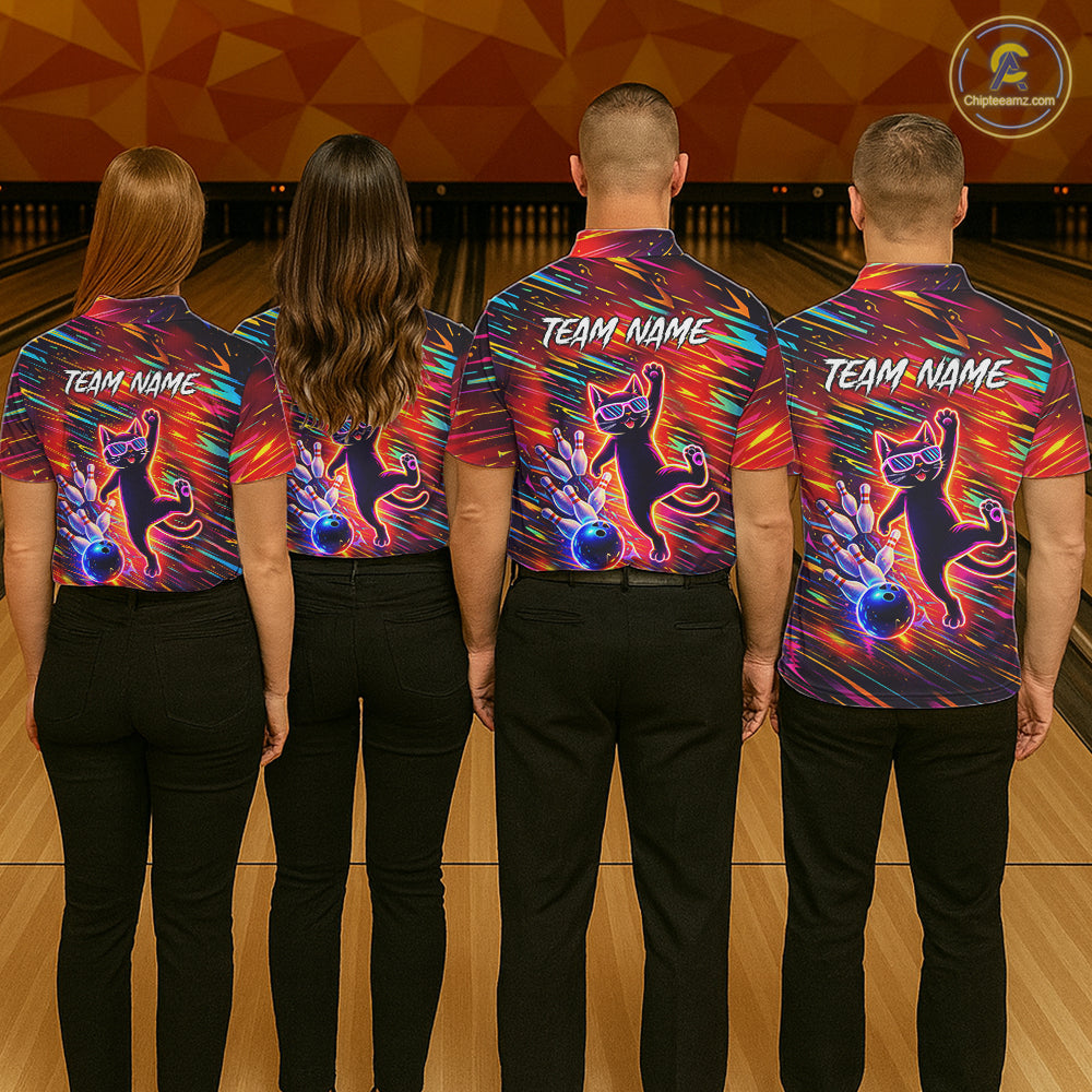 Funny Colorful Neon Cat Bowling Polo shirt, 1/4 zip shirts for Women custom Bowling Team League Shirt NQS11429