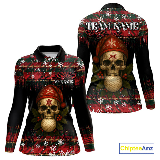 Black and Red Plaid Christmas pattern Skull Women Polo Shirt Custom Ladies Golf outfit, golfing gifts NQS11058