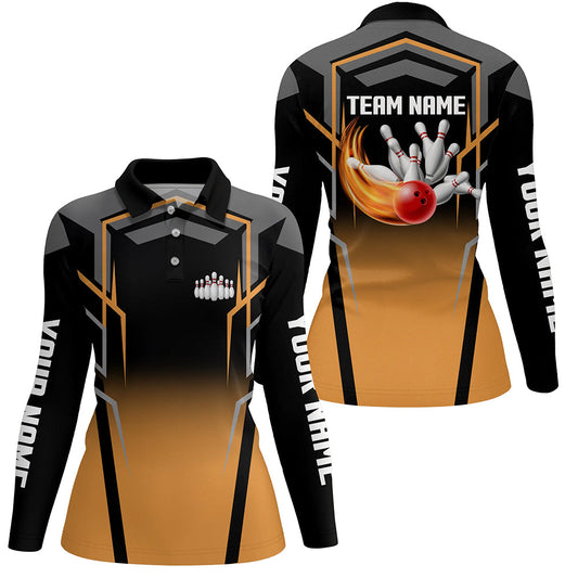 Black and Orange Bowling Polo, 1/4 Quarter Zip Shirts For Women, Custom Bowling Jerseys Team bowlers NQS7855