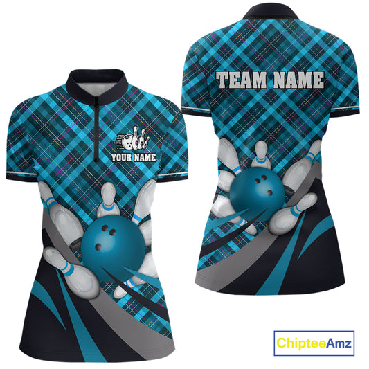 Blue Plaid pattern Bowling shirts For Women Custom Team Bowling Jersey Xmas Gift For Bowlers NQS10493