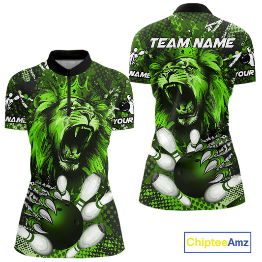 Green Camo Lion roar Bowling Polo, Quarter Zip Shirts for Women Custom Lion Bowling Team jerseys NQS11524