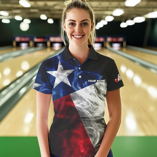 Smoke Texas Flag Black Women Bowling Polo, Quarter Zip shirt Custom patriotic Team bowling jersey NQS9631