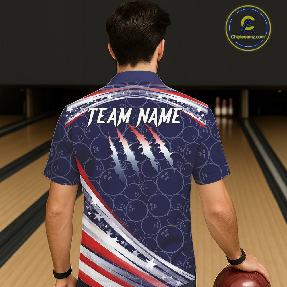 American Flag Camo Bowling Button-up Shirt Custom patriotic Bowling Team Hawaiian shirts | Navy NQS11180